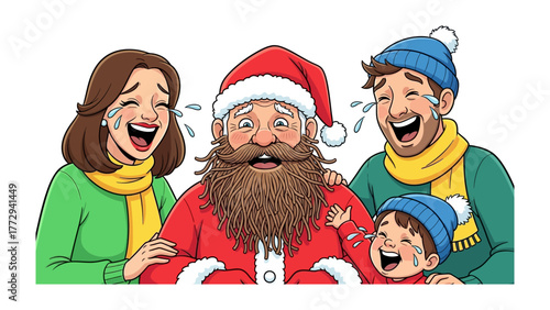 Holiday Laughter: Santa Claus brings mirth and cheer, surrounded by a gleeful family, their faces alight with joyous tears and infectious laughter, creating a heartwarming holiday scene.
