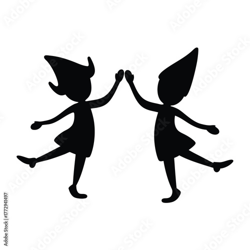 Silhouette of two stylized pixie or fairy friends giving a high five