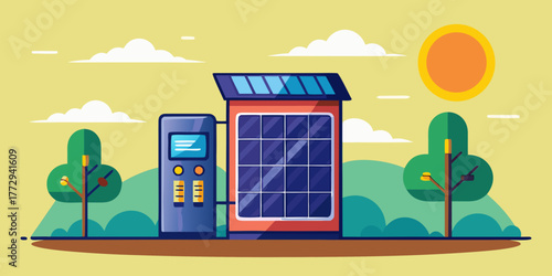 Solar-powered vending machine in a sunny outdoor park setting  