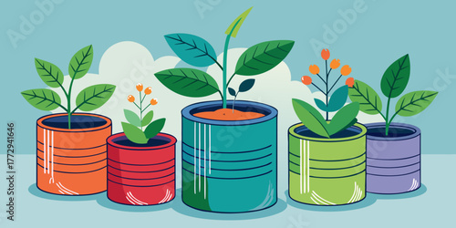 Upcycled tin cans repurposed as colorful plant pots with greenery  