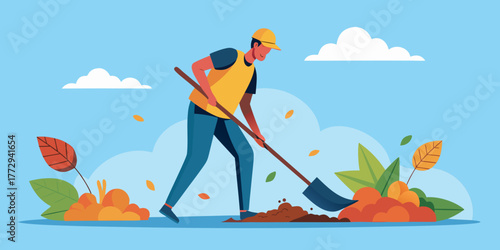 Man digging in garden and collecting leaves in autumn setting  