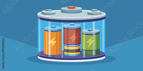 Cartoon battery container with various batteries and power symbol  