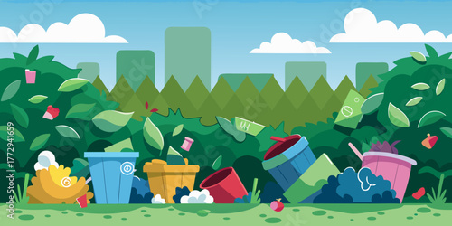 Trash and garbage cans scattered in bushes with city skyline background  