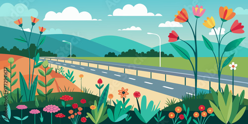 Colorful wildflowers alongside a highway in a scenic landscape  
