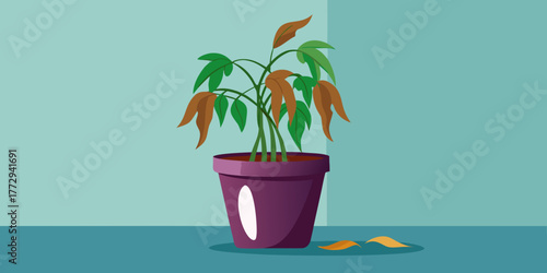 Wilted houseplant in a purple pot with brown leaves and background  