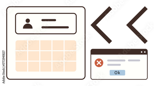 Profile page with avatar, tabular section, arrows for navigation, and error popup. Ideal for user interface, database, coding, error handling web design profile layout navigation. Clean
