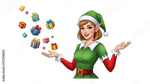 Enchanting Elf and Gift-Giving: A cheerful elf, adorned in festive attire, playfully presents a cascade of vibrant presents, embodying the joy and generosity of gift-giving.