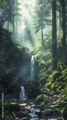Tranquil green forest scene with small waterfall and sunlight through canopy