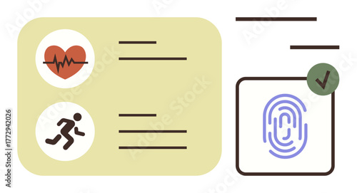Digital health records with heart rate and fitness tracking icons paired with a fingerprint biometric scan and verification check. Ideal for healthcare, fitness, security, authentication, data