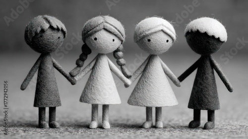 Four diverse fabric dolls holding hands, showcasing unity and inclusion