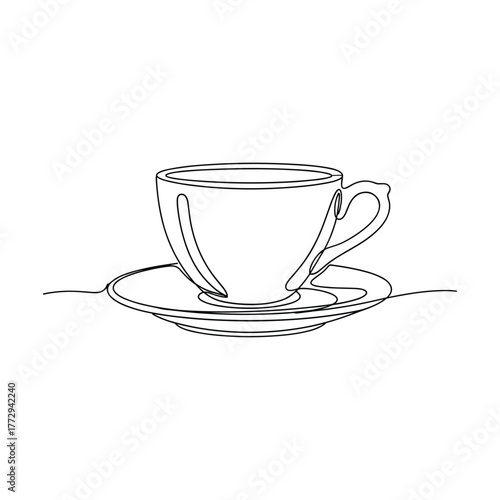 Minimalist single line drawing of a coffee cup and saucer on a white background