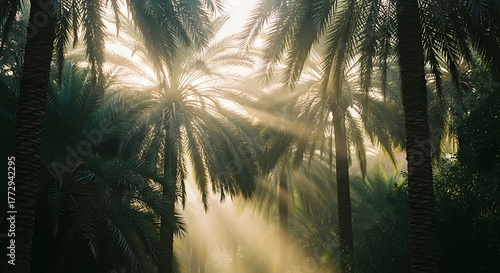 Sunlight streams through palm trees creating a beautiful natural scene.