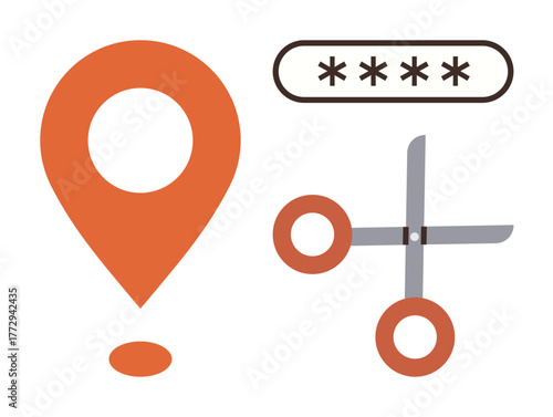 Orange location pin, password field with asterisks, and gray scissors suggesting privacy, security, customization. Ideal for cybersecurity, navigation, privacy, data protection editing access