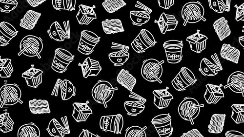 Wallpaper Mural Black and white doodle food pattern with noodles ramen cups instant bowls chopsticks and coffee cups on dark background for cafe packaging Asian food branding street food design culinary event Torontodigital.ca