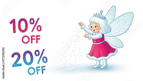 Fairy Offer Promotion: A whimsical fairy, adorned in a charming red dress, extends an invitation to savings with a sparkling offer of discounts, bringing a touch of enchantment to the advertisement.