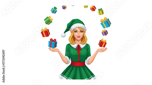Christmas Elf with Gifts: a festive elf is surrounded by gifts in joyful act of juggling, full of charm and a sense of wonder.