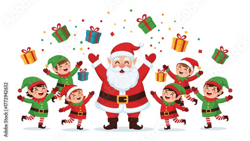 Santa's Cheerful Holiday Gathering: A jolly Santa Claus surrounded by a band of elves and festively wrapped gifts, sharing the holiday spirit and spreading joy. 