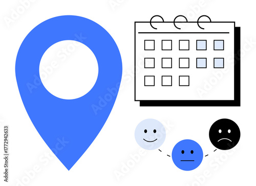 Blue location pin, calendar with highlighted dates, and connected emotive faces. Ideal for navigation planning, scheduling, emotional analysis, decision-making, organizational tools, psychology
