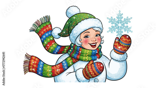 Winter's Embrace: A cheerful figure, bundled in winter attire, marvels at a delicate snowflake, embodying the season's wonder and beauty.