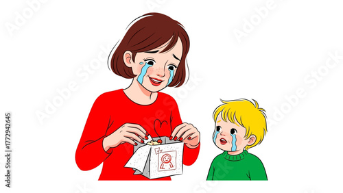 Tears of Remembrance: A tender moment unfolds as a mother and child share a poignant memory.