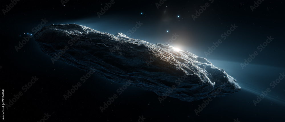 Fototapeta premium An oval asteroid glides through outer space, lit by distant stars Generative AI