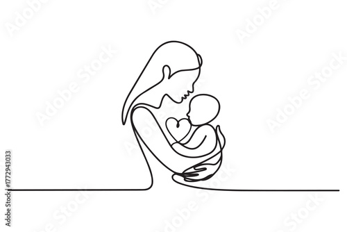 Logo with mother holding her baby with heart shape. one line Icon drawing with white background