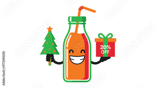 Festive Juice Delight: A charming juice bottle character radiates holiday cheer, playfully presenting a miniature christmas tree and a gift box, complete with a celebratory 20% OFF promotion.