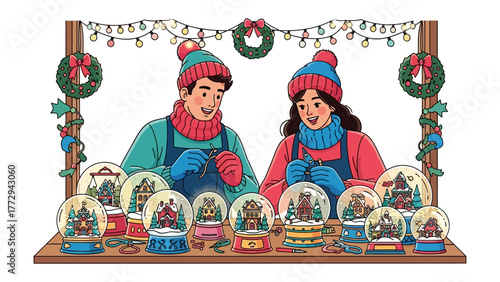 Christmas Ornament Crafts: A pair of artisans diligently craft intricate holiday ornaments, their creative process illuminated by the warm glow of festive lights and ornaments.