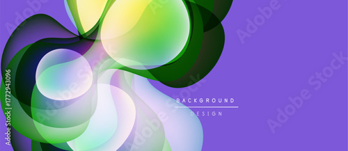 Abstract fluid shapes overlap, creating vibrant color gradients. Purple background enhances dynamic composition. Modern design element.