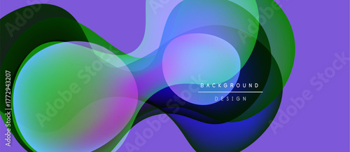 Abstract fluid shapes overlap, creating vibrant color gradients. Purple backdrop enhances dynamic visual effect. Modern design element.