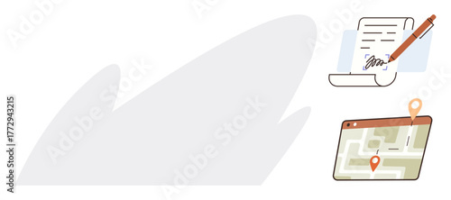 Paperwork signed with pen alongside tablet displaying map with location pins. Ideal for documentation, navigation, contract, logistics, planning, e-signature, simple flat metaphor