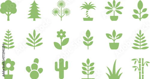 Plants Icon Set, Tree Forest Bonsai Cactus Aloe Vera Monstera Maple Leaf Succulent Silhouette Vector Illustration