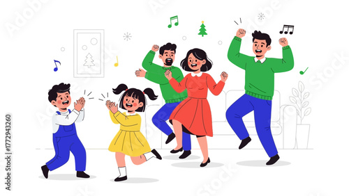 Joyful Family Dance: A lively family scene captures the pure essence of joy, with each member enthusiastically dancing, accompanied by musical notes that amplify the festive ambiance.