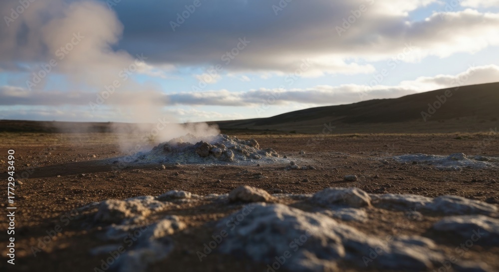 Fototapeta premium Geothermal vents steam in a desolate, rocky landscape under a cloudy sky