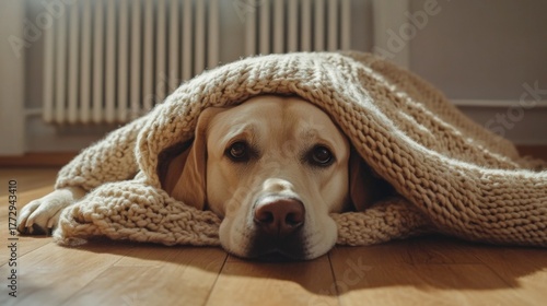A yellow Labrador retriever lies on a wooden floor, covered with a knitted blanket. A radiator is visible in the background, suggesting warmth in a cold winter setting.