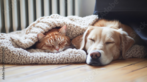 A golden retriever and an orange tabby cat sleep together under a cozy blanket near a radiator in a warm house during winter.