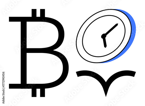 Bitcoin symbol, clock, and wing shape referencing cryptocurrency, time value, and innovation. Ideal for finance, blockchain, time management freedom economy technology investment. Simple flat