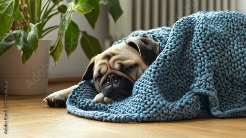 A sleeping pug covered with a blue knitted blanket on a wooden floor. A green plant is visible in the background, creating a cozy winter atmosphere.