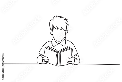 Boy studying with reading book. Back to school concept. Continuous line drawing. one line Icon drawing with white background
