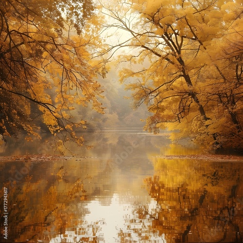 Peaceful nature scene with autumn trees and lake reflections in soft light