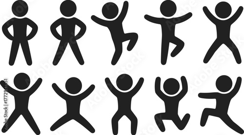 Silhouette vector illustration of people exercising, stretching, dancing, and fitness poses in minimal black figures for health and activity concepts