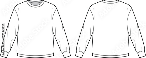 Blank sweatshirt fashion flat sketch, long sleeve crew neck pullover template, technical apparel design outline, front and back clothing illustration