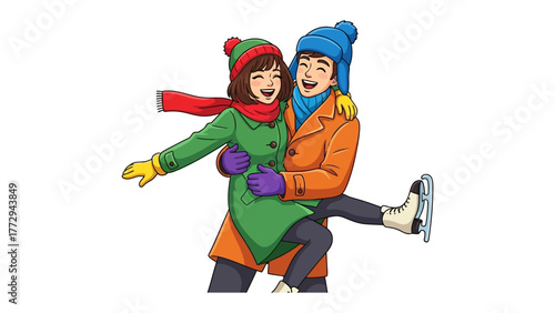 Joyful Ice Skating: A loving couple, dressed in warm winter attire, glides on the ice, filled with laughter and the thrill of the cold weather. 