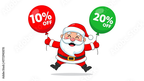 Joyful Santa's Discount Offer: A jovial santa, in his classic suit, floats with balloons offering tempting holiday season discounts.