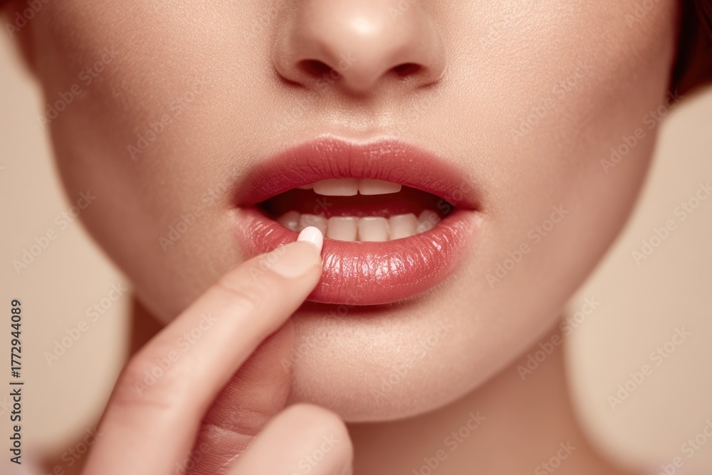 Obraz premium Girl's face with flawless skin holding a vitamin pill near lips, skincare and health representation