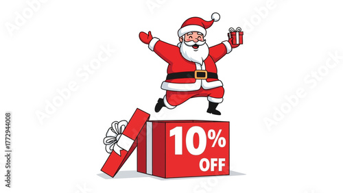 Santa's Special: Cheerful Santa springs from a gift box announcing a holiday offer, a whimsical illustration of Christmas joy and bargain hunting.