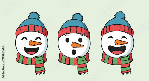 Three cartoon snowmen with different joyful expressions wearing hats and scarves on a light green background.