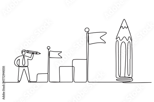 Drawing of businessman using pencil draw line with flag as milestones. one line Icon drawing with white background