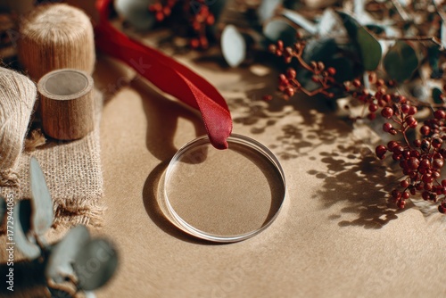 Transparent acrylic ornament with red ribbon on natural brown craft surface, festive handmade composition