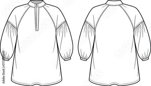 Long sleeve blouse technical flat drawing, raglan sleeve top illustration, fashion design sketch template, front and back garment view